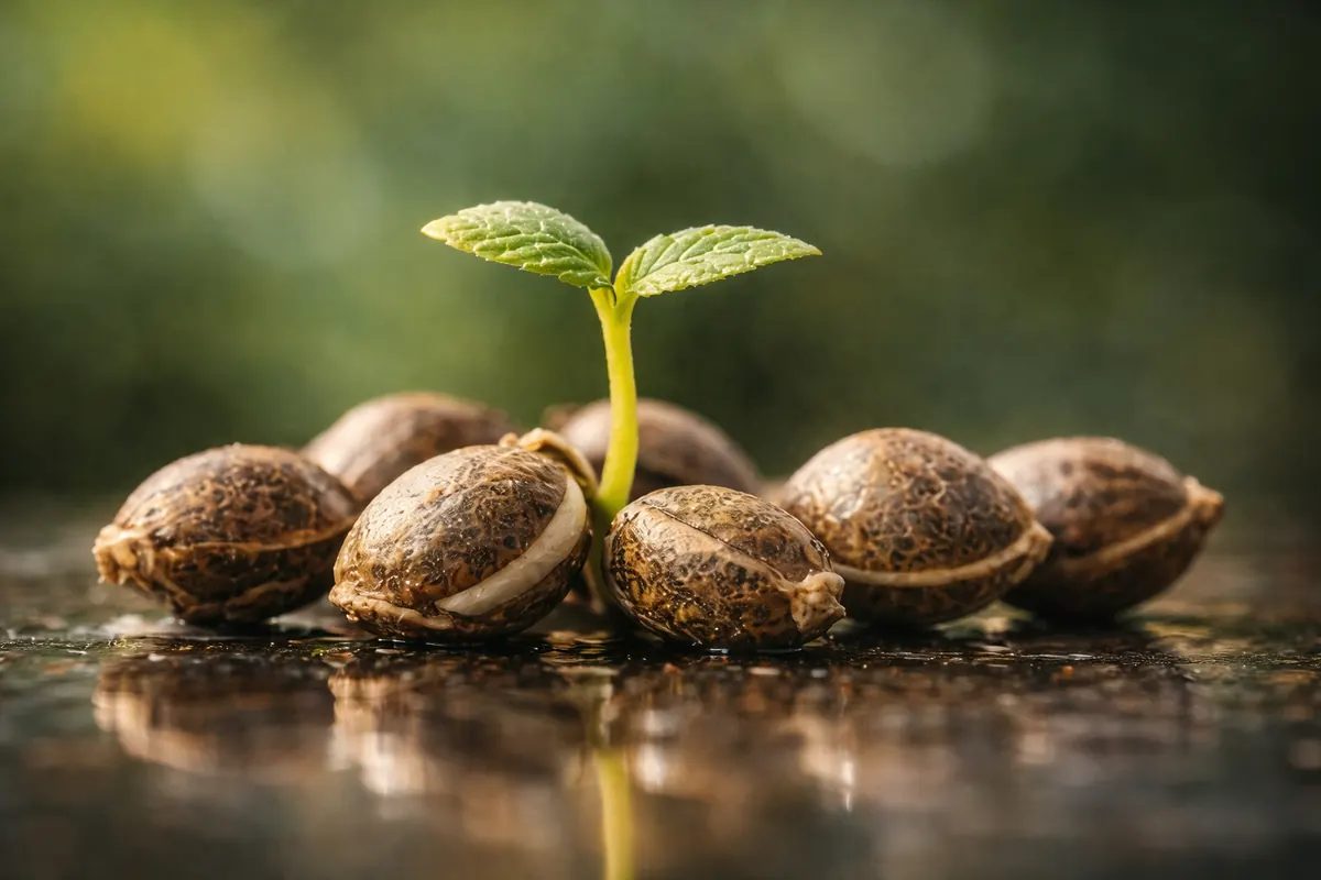 Cannabis seeds with a sprouting seedling, a first grow